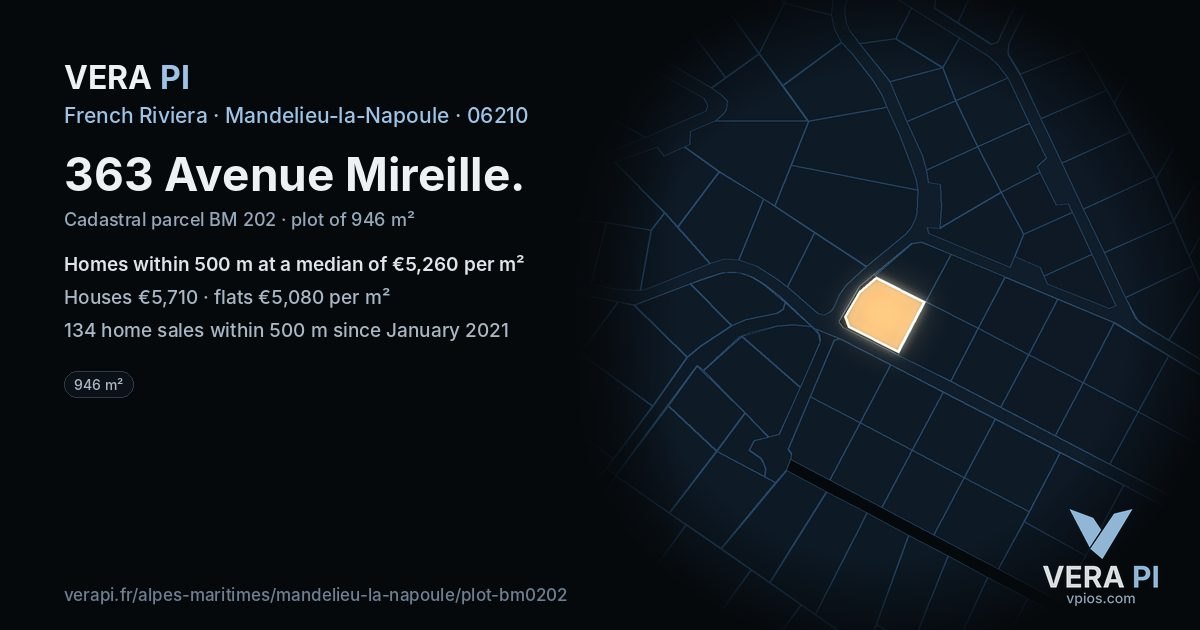 363 Avenue Mireille, Mandelieu-la-Napoule at night – the plot lit, the parcels around coloured by the prices near them