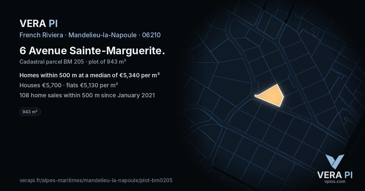 6 Avenue Sainte-Marguerite, Mandelieu-la-Napoule at night – the plot lit, the parcels around coloured by the prices near them