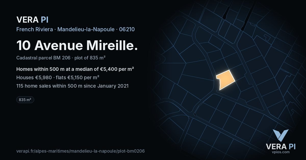 10 Avenue Mireille, Mandelieu-la-Napoule at night – the plot lit, the parcels around coloured by the prices near them