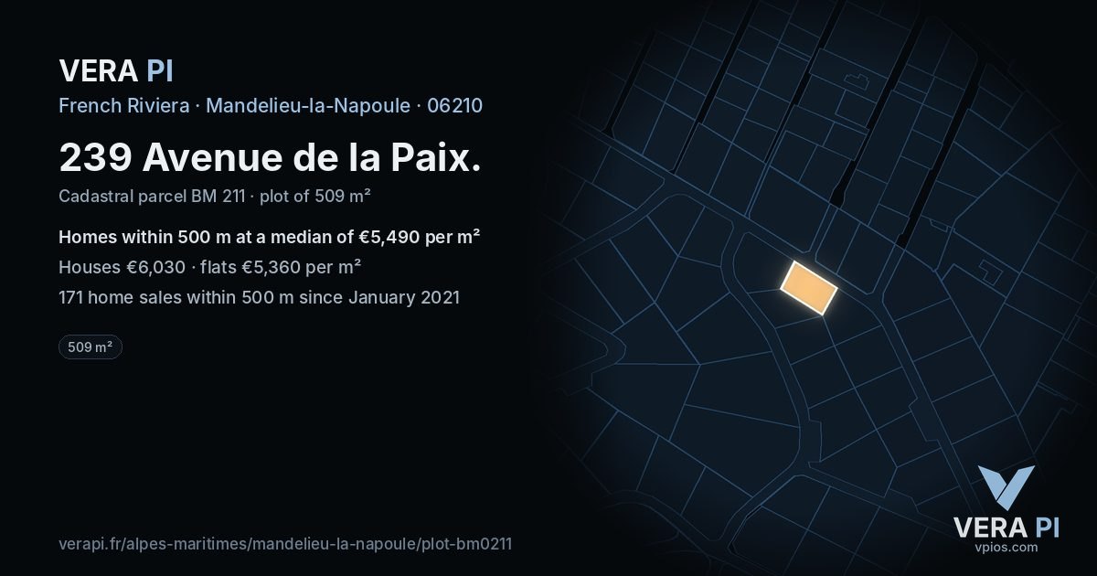 239 Avenue de la Paix, Mandelieu-la-Napoule at night – the plot lit, the parcels around coloured by the prices near them