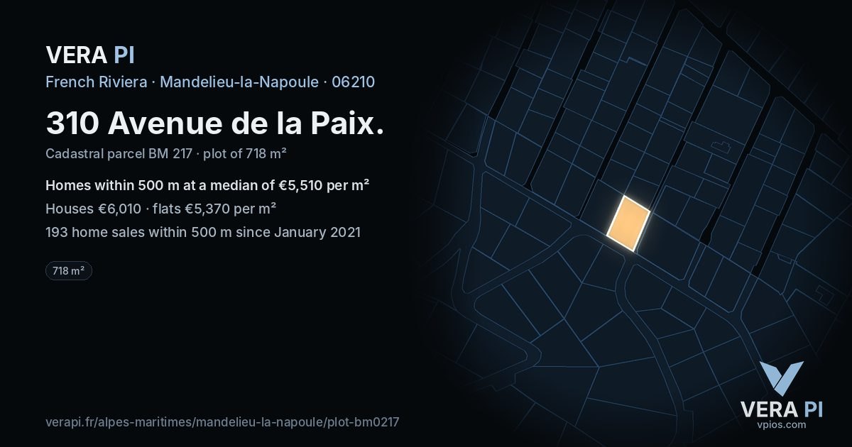 310 Avenue de la Paix, Mandelieu-la-Napoule at night – the plot lit, the parcels around coloured by the prices near them