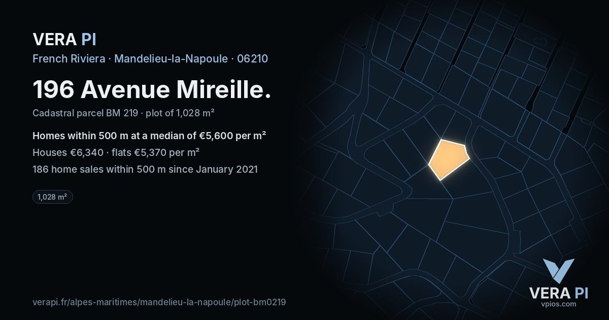 196 Avenue Mireille, Mandelieu-la-Napoule at night – the plot lit, the parcels around coloured by the prices near them