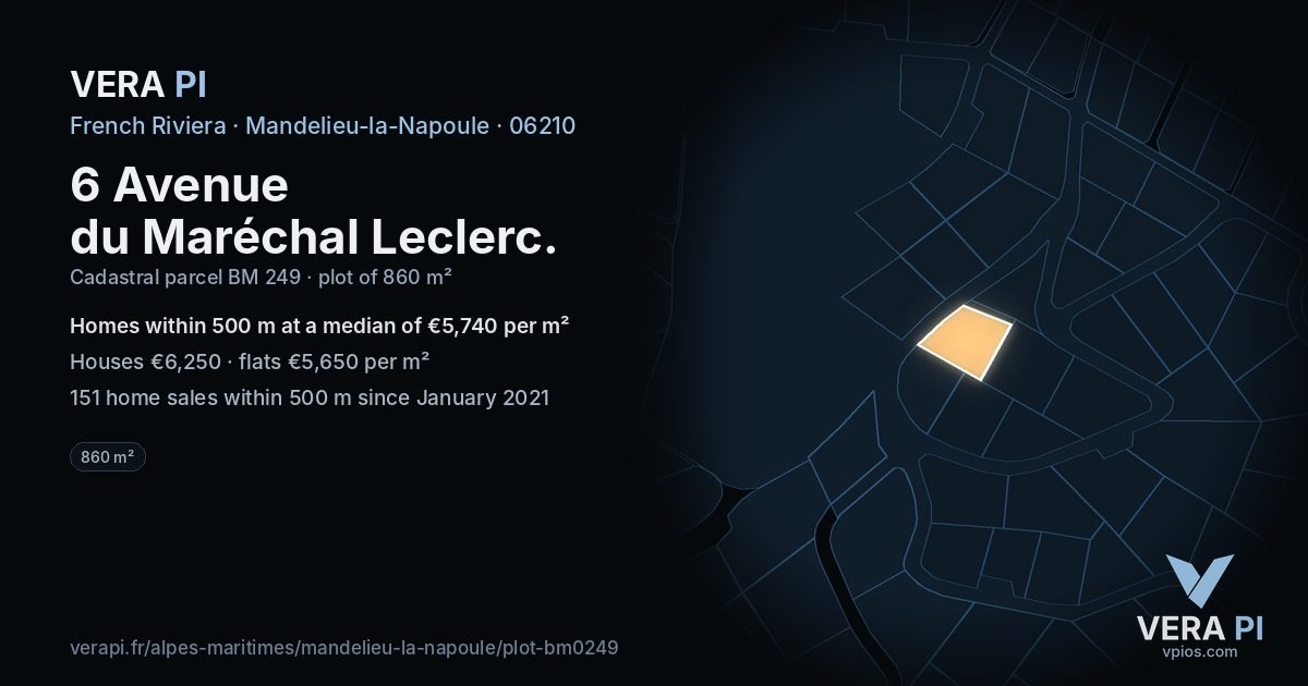 6 Avenue du Maréchal Leclerc, Mandelieu-la-Napoule at night – the plot lit, the parcels around coloured by the prices near them