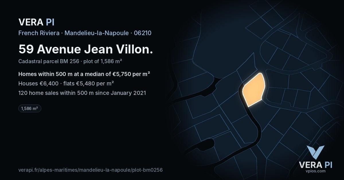 59 Avenue Jean Villon, Mandelieu-la-Napoule at night – the plot lit, the parcels around coloured by the prices near them