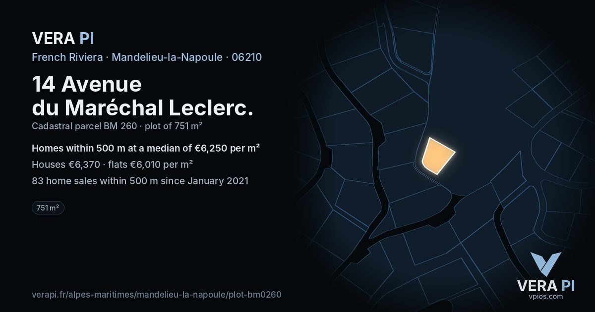 14 Avenue du Maréchal Leclerc, Mandelieu-la-Napoule at night – the plot lit, the parcels around coloured by the prices near them