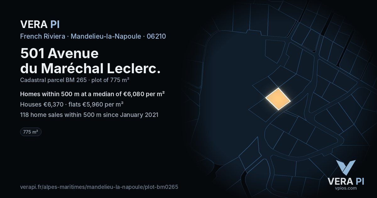 501 Avenue du Maréchal Leclerc, Mandelieu-la-Napoule at night – the plot lit, the parcels around coloured by the prices near them