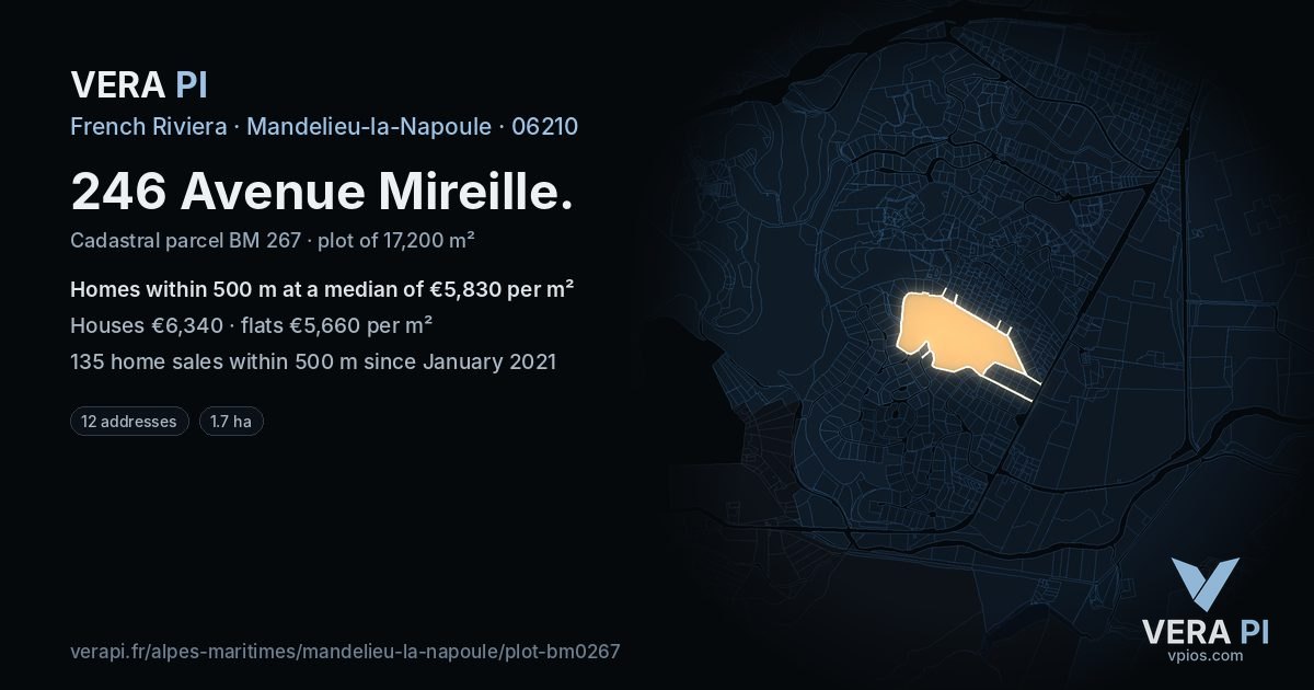 246 Avenue Mireille, Mandelieu-la-Napoule at night – the plot lit, the parcels around coloured by the prices near them