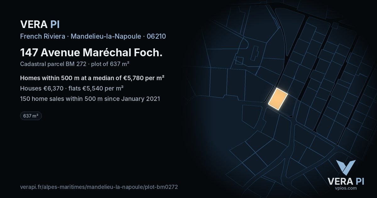 147 Avenue Maréchal Foch, Mandelieu-la-Napoule at night – the plot lit, the parcels around coloured by the prices near them