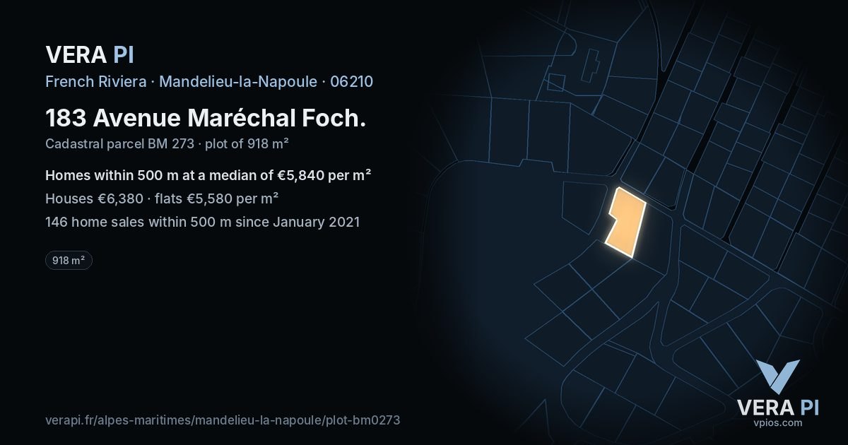 183 Avenue Maréchal Foch, Mandelieu-la-Napoule at night – the plot lit, the parcels around coloured by the prices near them