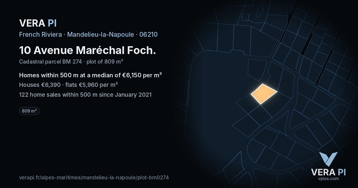 10 Avenue Maréchal Foch, Mandelieu-la-Napoule at night – the plot lit, the parcels around coloured by the prices near them