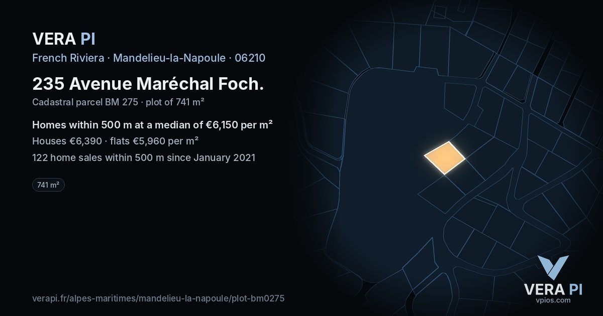 235 Avenue Maréchal Foch, Mandelieu-la-Napoule at night – the plot lit, the parcels around coloured by the prices near them