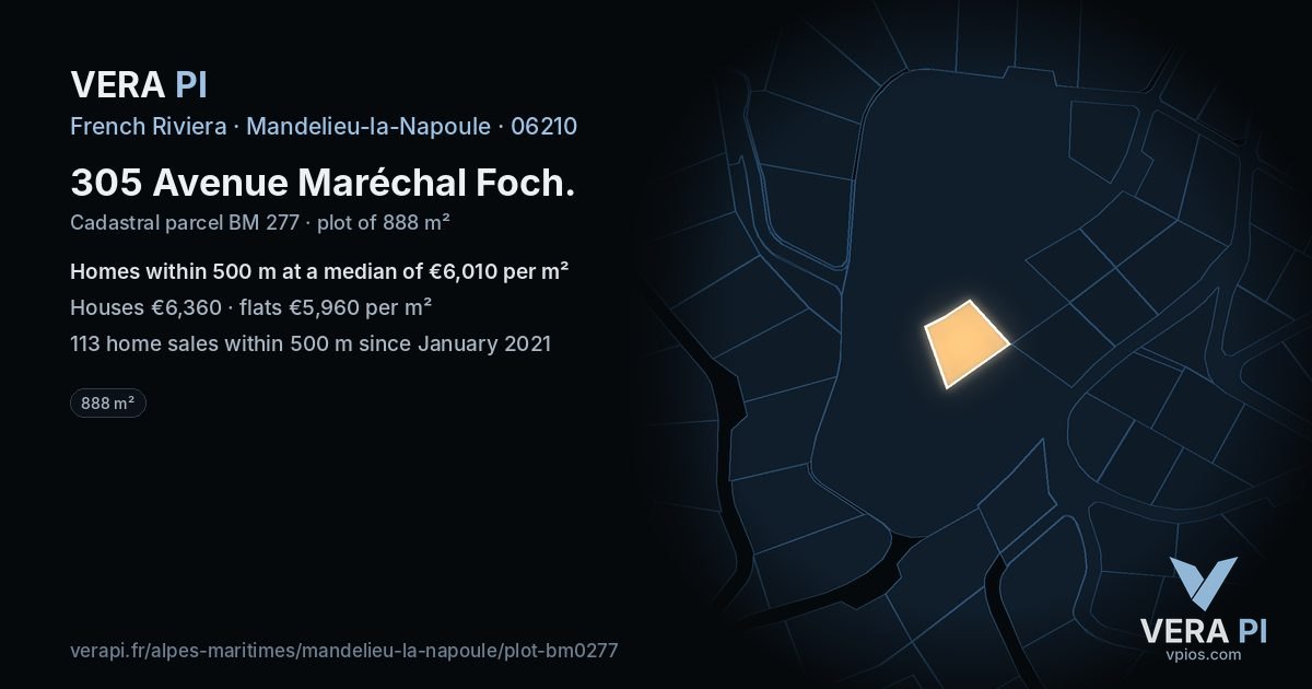 305 Avenue Maréchal Foch, Mandelieu-la-Napoule at night – the plot lit, the parcels around coloured by the prices near them
