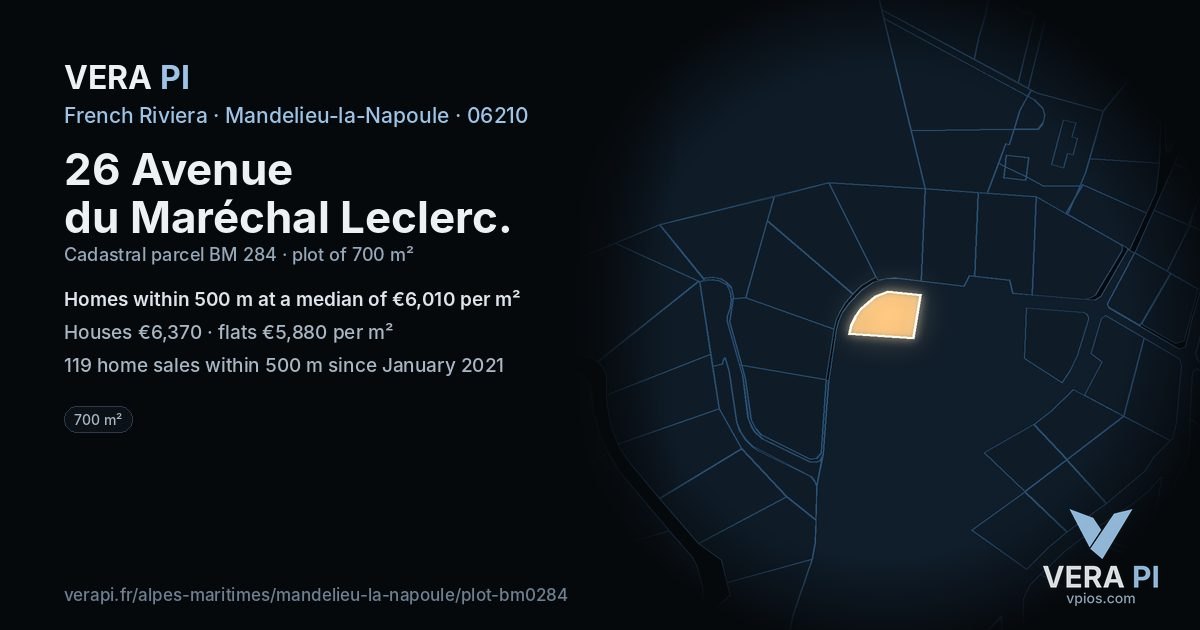26 Avenue du Maréchal Leclerc, Mandelieu-la-Napoule at night – the plot lit, the parcels around coloured by the prices near them