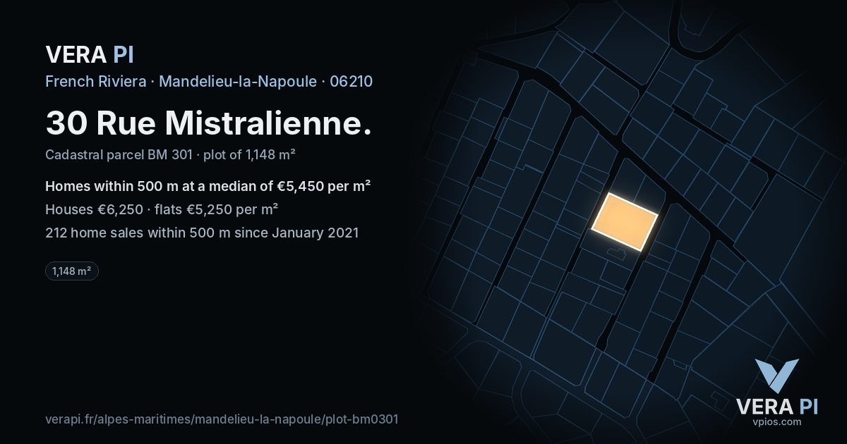 30 Rue Mistralienne, Mandelieu-la-Napoule at night – the plot lit, the parcels around coloured by the prices near them
