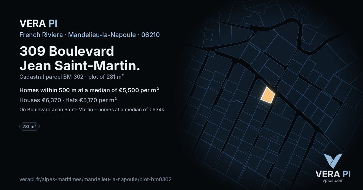 309 Boulevard Jean Saint-Martin, Mandelieu-la-Napoule at night – the plot lit, the parcels around coloured by the prices near them