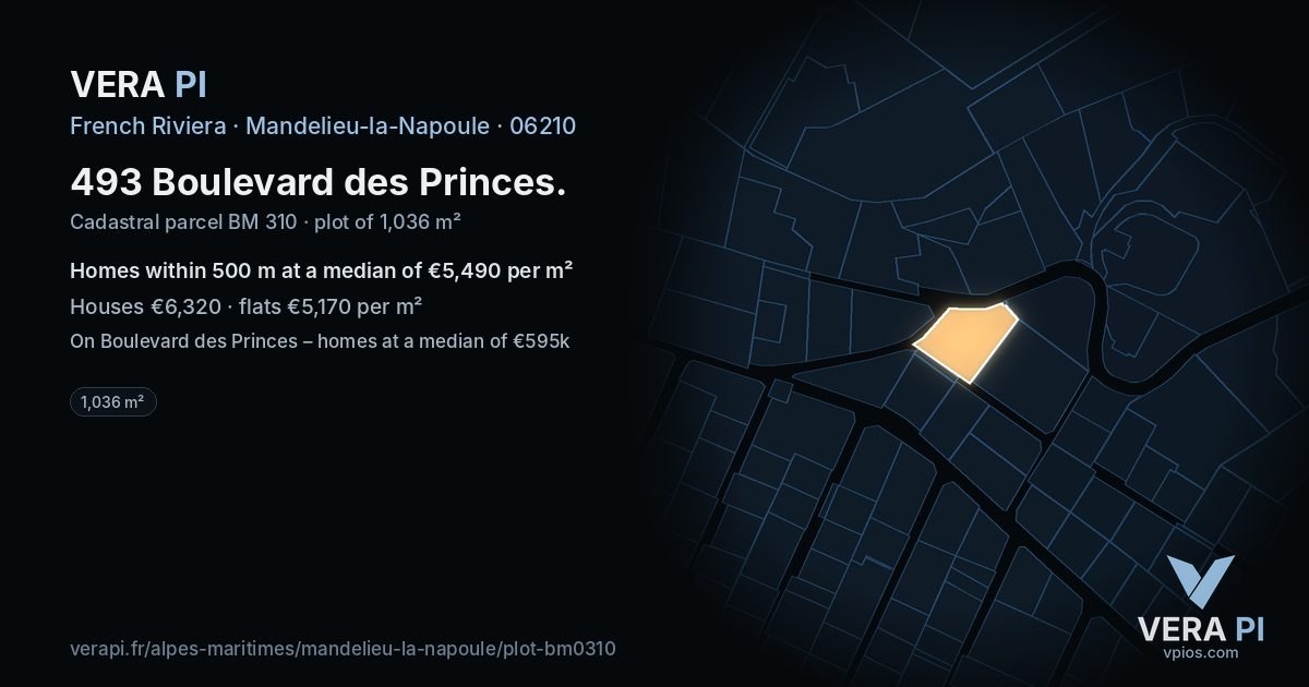 493 Boulevard des Princes, Mandelieu-la-Napoule at night – the plot lit, the parcels around coloured by the prices near them