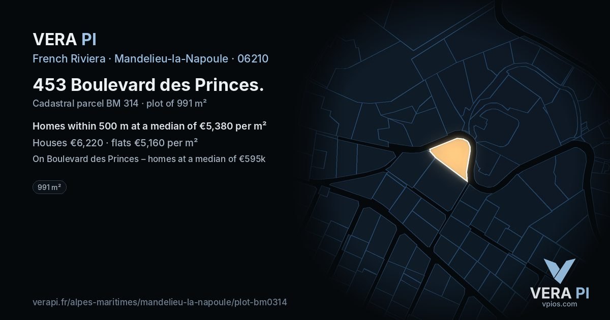 453 Boulevard des Princes, Mandelieu-la-Napoule at night – the plot lit, the parcels around coloured by the prices near them