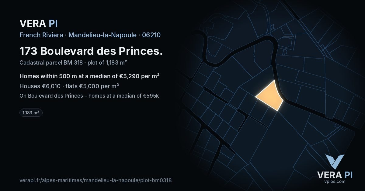 173 Boulevard des Princes, Mandelieu-la-Napoule at night – the plot lit, the parcels around coloured by the prices near them