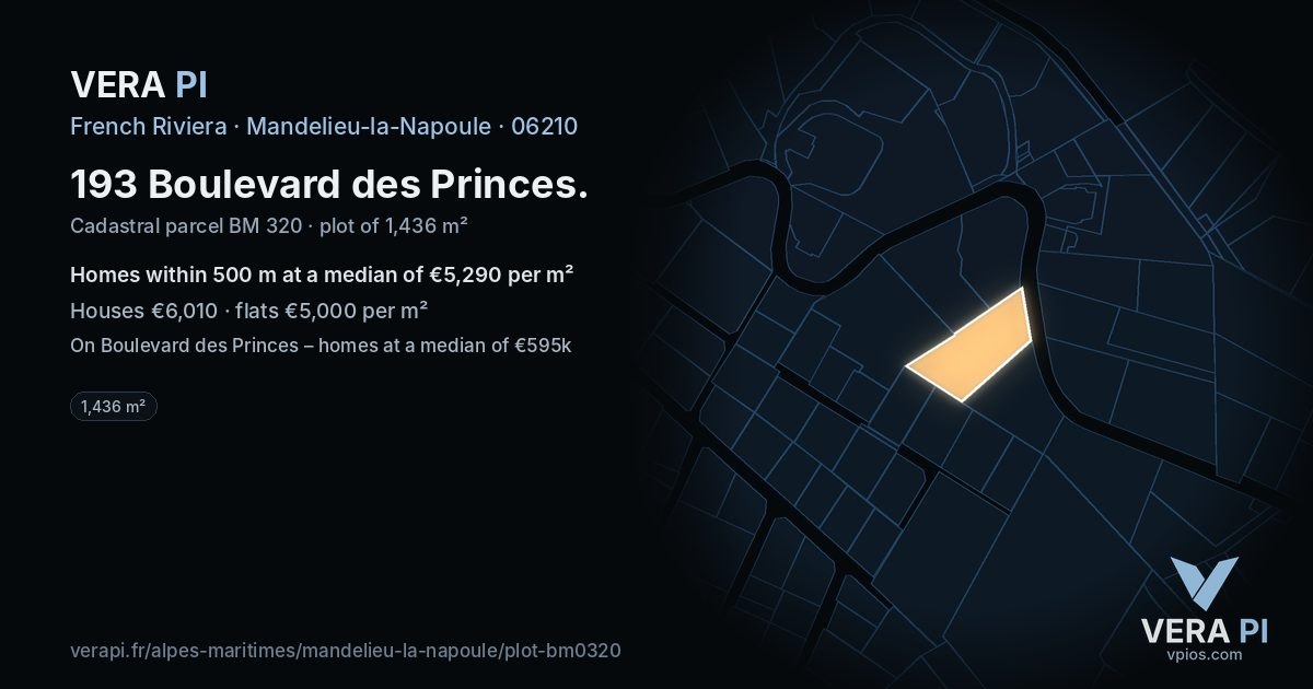 193 Boulevard des Princes, Mandelieu-la-Napoule at night – the plot lit, the parcels around coloured by the prices near them