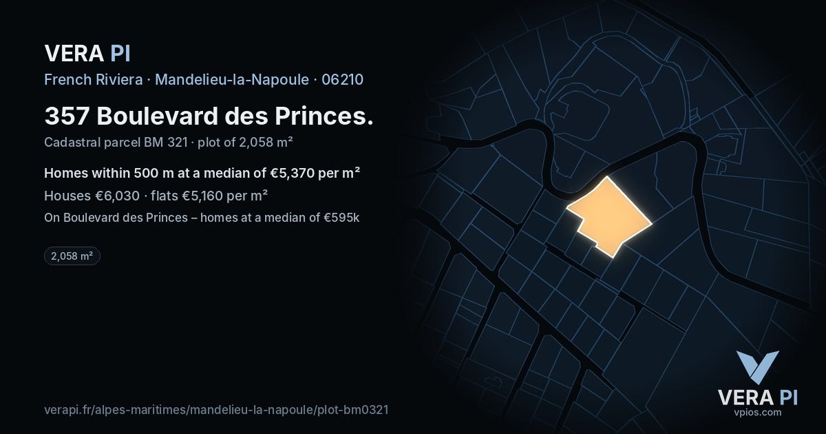 357 Boulevard des Princes, Mandelieu-la-Napoule at night – the plot lit, the parcels around coloured by the prices near them