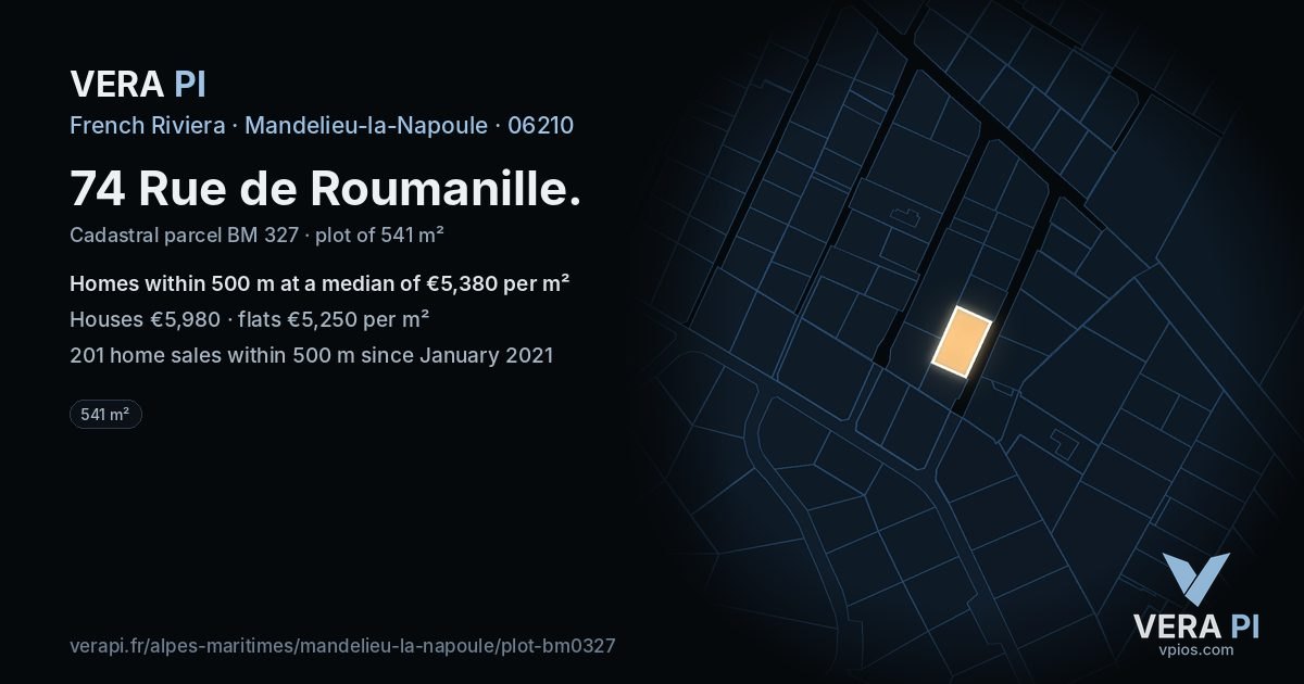 74 Rue de Roumanille, Mandelieu-la-Napoule at night – the plot lit, the parcels around coloured by the prices near them