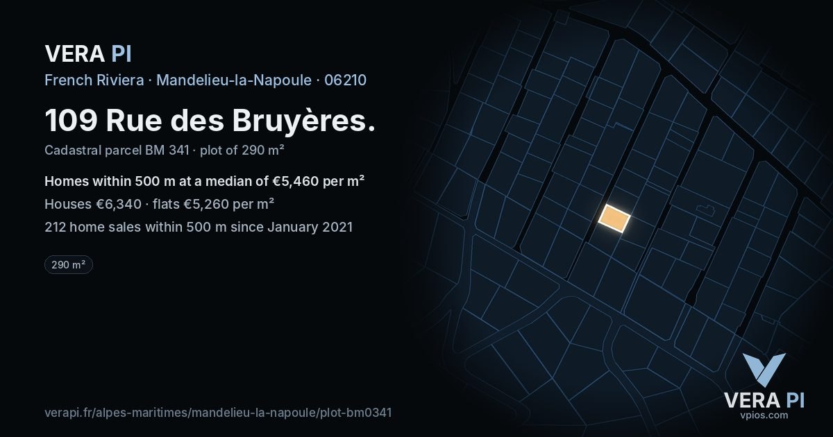 109 Rue des Bruyères, Mandelieu-la-Napoule at night – the plot lit, the parcels around coloured by the prices near them