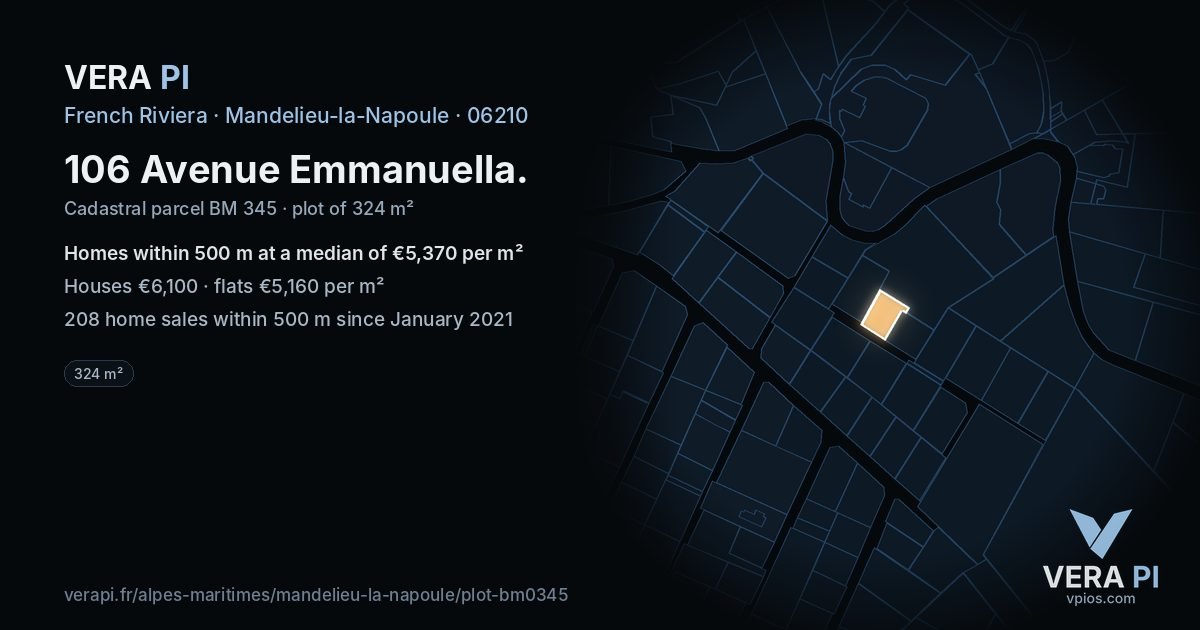 106 Avenue Emmanuella, Mandelieu-la-Napoule at night – the plot lit, the parcels around coloured by the prices near them
