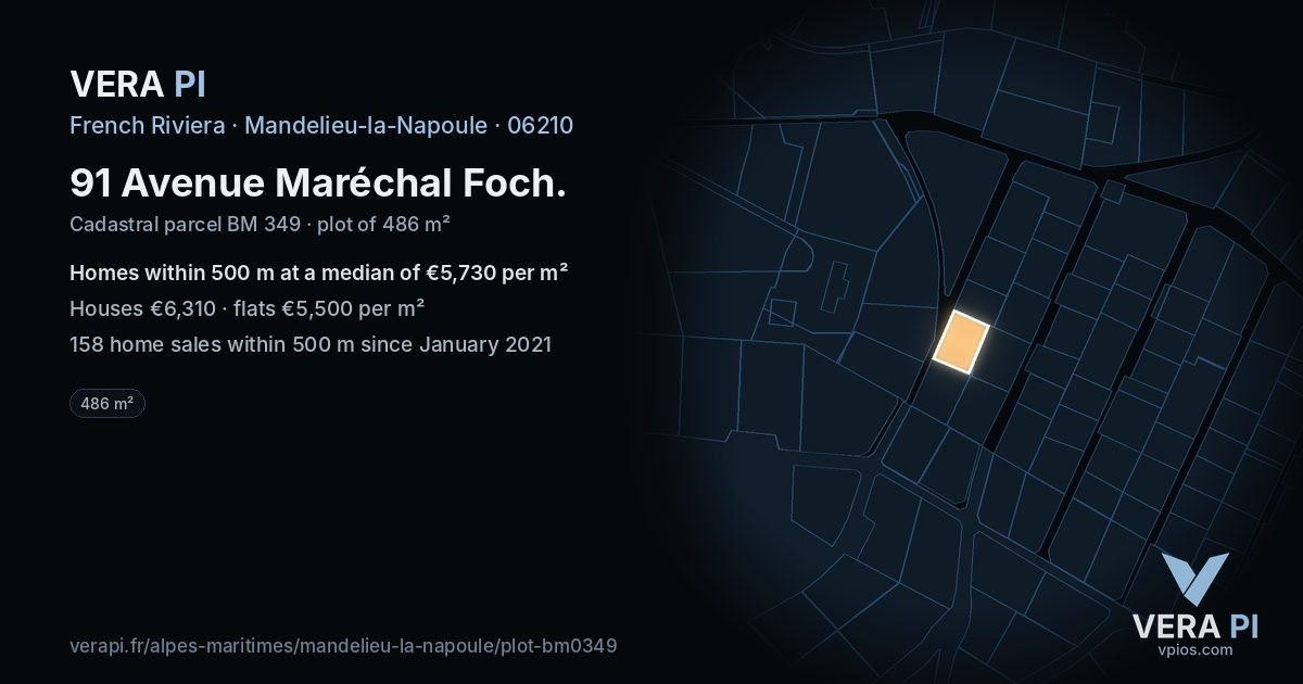 91 Avenue Maréchal Foch, Mandelieu-la-Napoule at night – the plot lit, the parcels around coloured by the prices near them