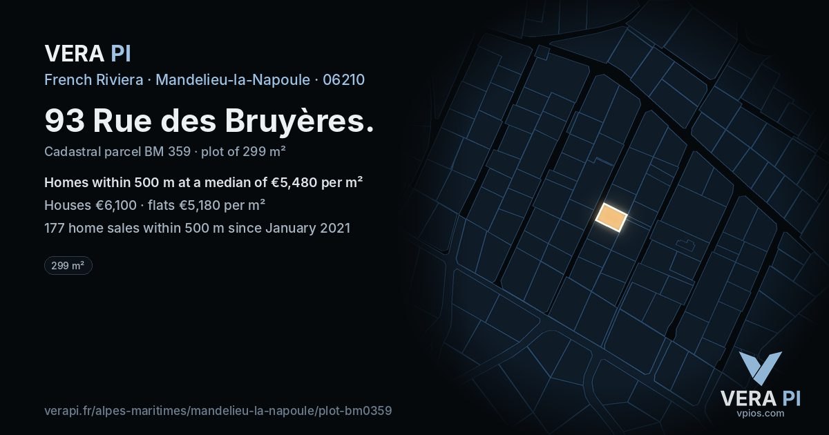 93 Rue des Bruyères, Mandelieu-la-Napoule at night – the plot lit, the parcels around coloured by the prices near them