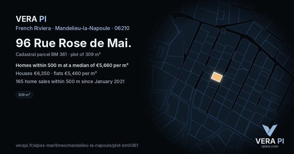 96 Rue Rose de Mai, Mandelieu-la-Napoule at night – the plot lit, the parcels around coloured by the prices near them