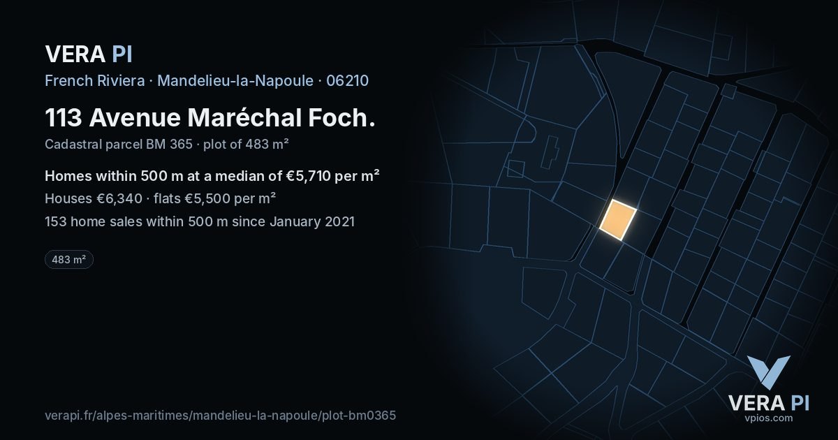 113 Avenue Maréchal Foch, Mandelieu-la-Napoule at night – the plot lit, the parcels around coloured by the prices near them
