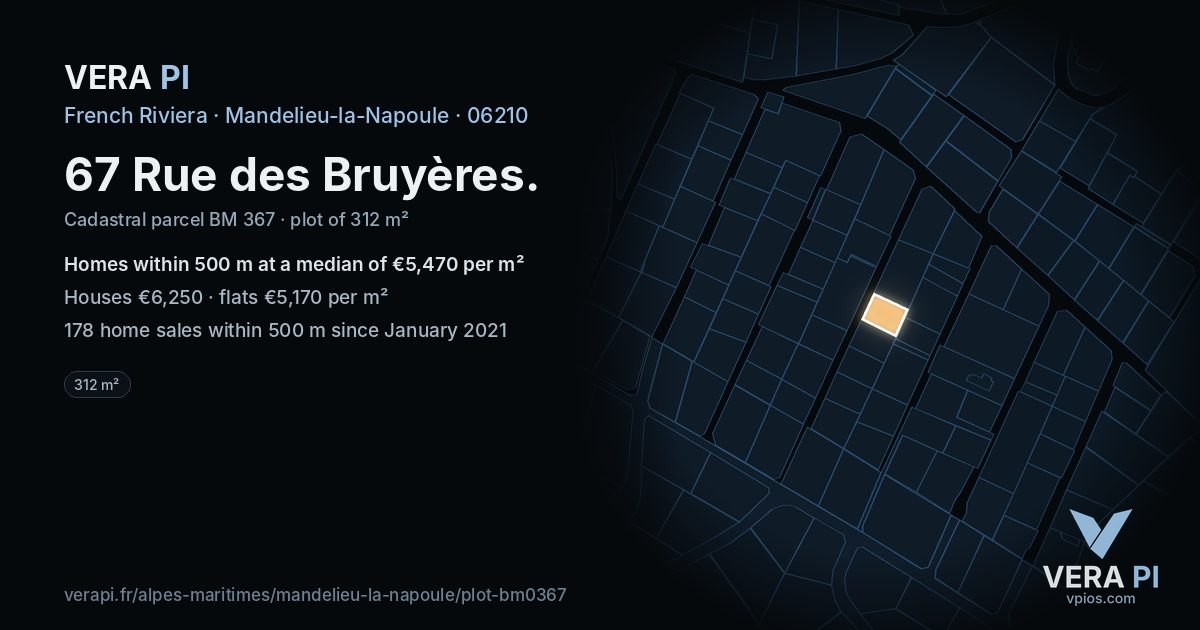 67 Rue des Bruyères, Mandelieu-la-Napoule at night – the plot lit, the parcels around coloured by the prices near them