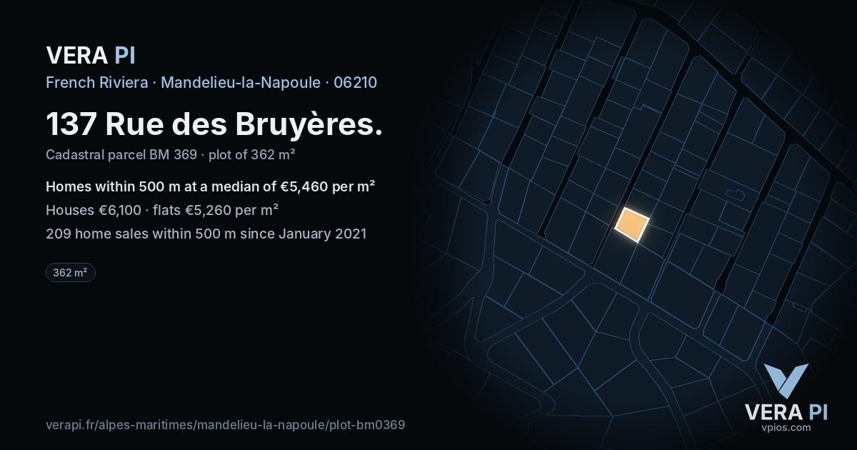 137 Rue des Bruyères, Mandelieu-la-Napoule at night – the plot lit, the parcels around coloured by the prices near them