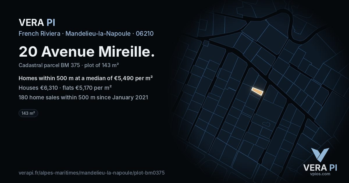 20 Avenue Mireille, Mandelieu-la-Napoule at night – the plot lit, the parcels around coloured by the prices near them