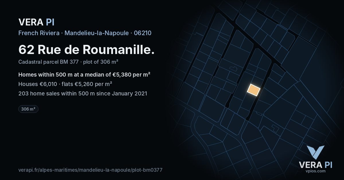 62 Rue de Roumanille, Mandelieu-la-Napoule at night – the plot lit, the parcels around coloured by the prices near them