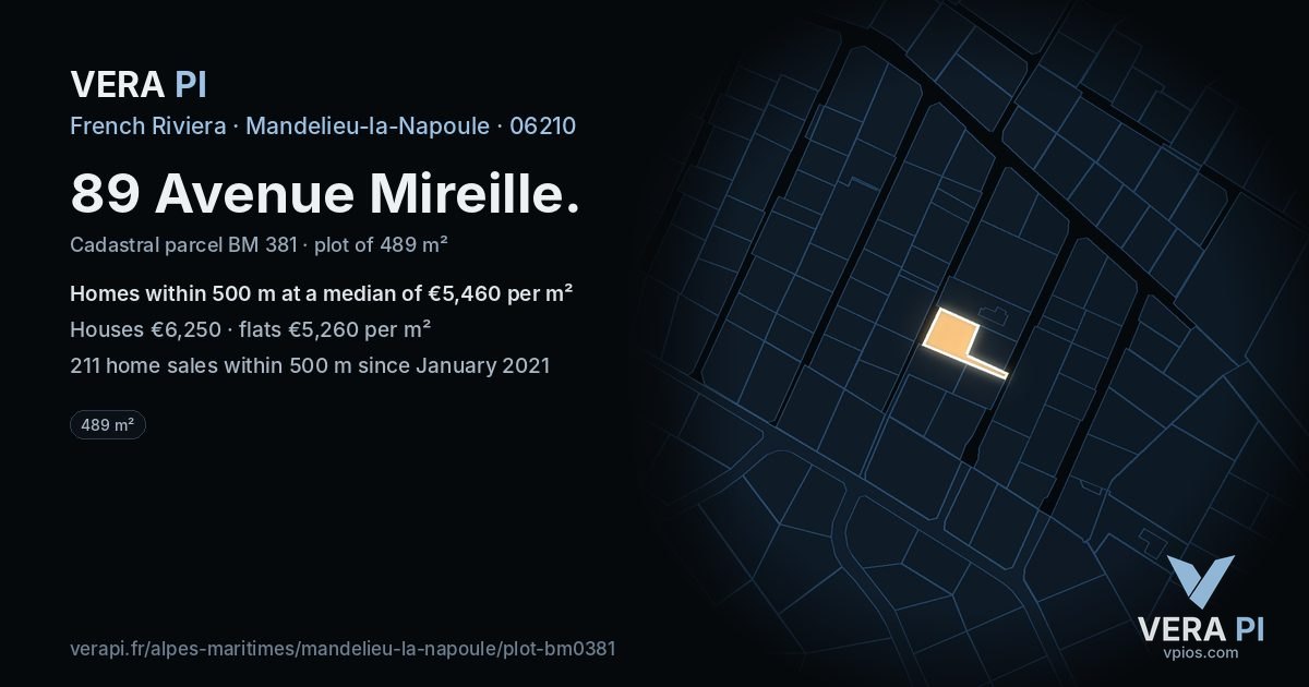 89 Avenue Mireille, Mandelieu-la-Napoule at night – the plot lit, the parcels around coloured by the prices near them