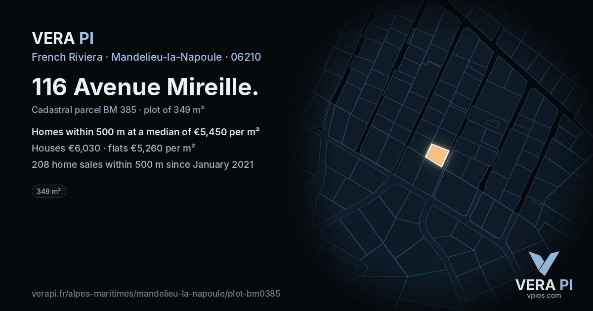 116 Avenue Mireille, Mandelieu-la-Napoule at night – the plot lit, the parcels around coloured by the prices near them