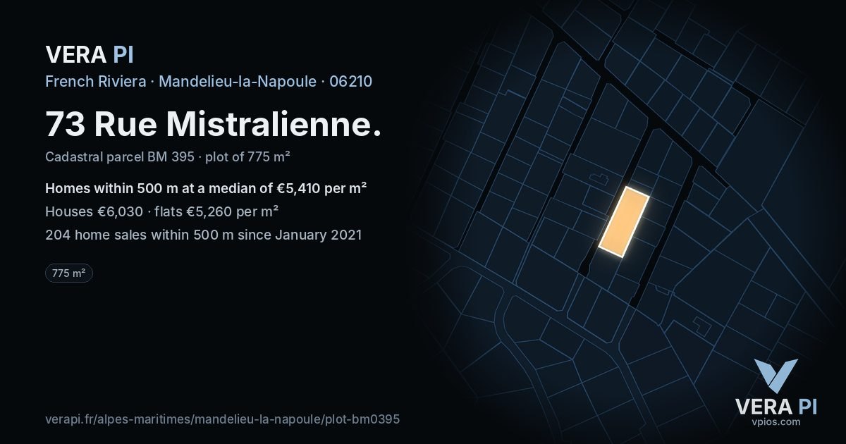 73 Rue Mistralienne, Mandelieu-la-Napoule at night – the plot lit, the parcels around coloured by the prices near them