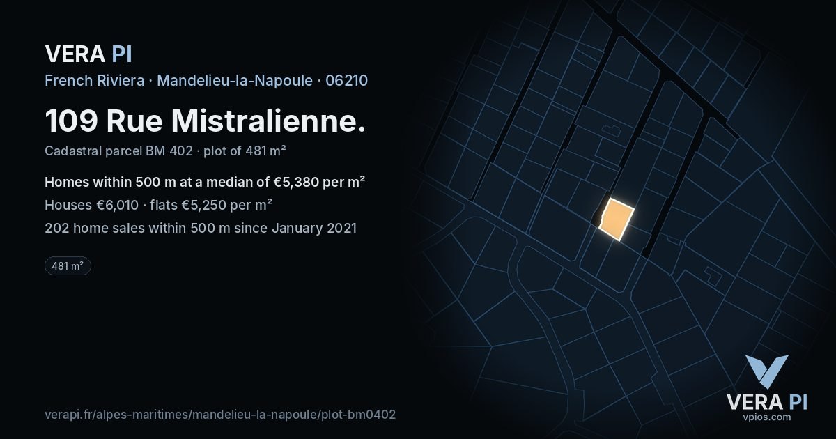 109 Rue Mistralienne, Mandelieu-la-Napoule at night – the plot lit, the parcels around coloured by the prices near them