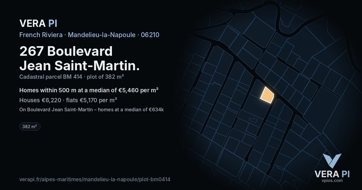 267 Boulevard Jean Saint-Martin, Mandelieu-la-Napoule at night – the plot lit, the parcels around coloured by the prices near them