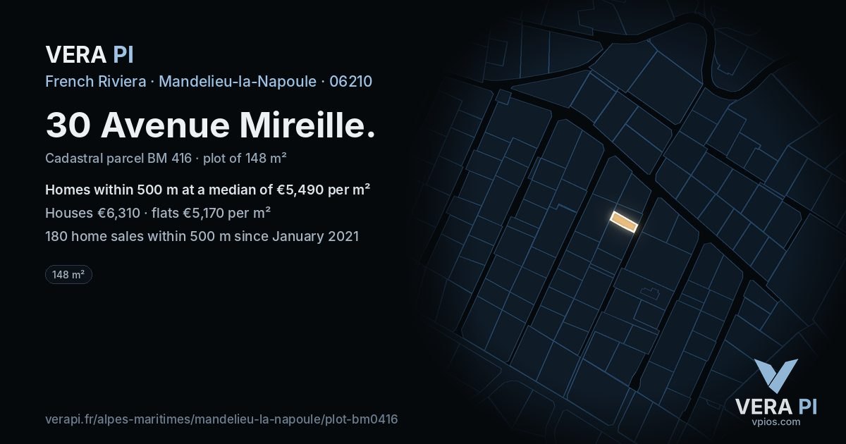 30 Avenue Mireille, Mandelieu-la-Napoule at night – the plot lit, the parcels around coloured by the prices near them