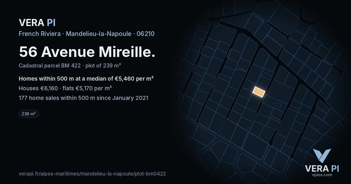 56 Avenue Mireille, Mandelieu-la-Napoule at night – the plot lit, the parcels around coloured by the prices near them