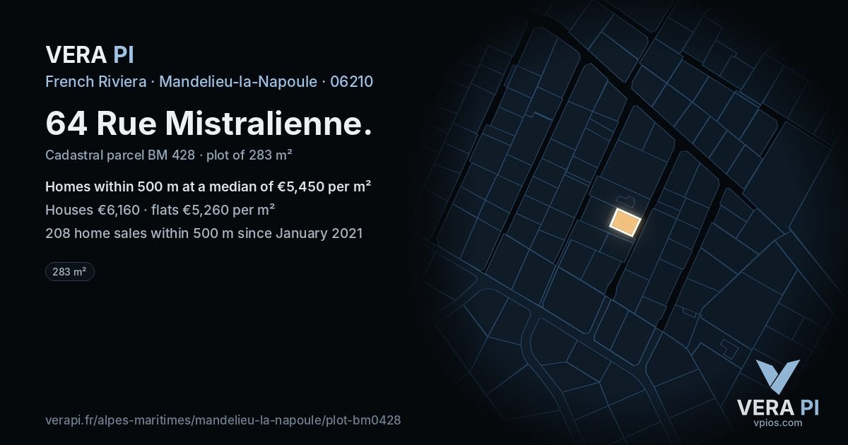 64 Rue Mistralienne, Mandelieu-la-Napoule at night – the plot lit, the parcels around coloured by the prices near them