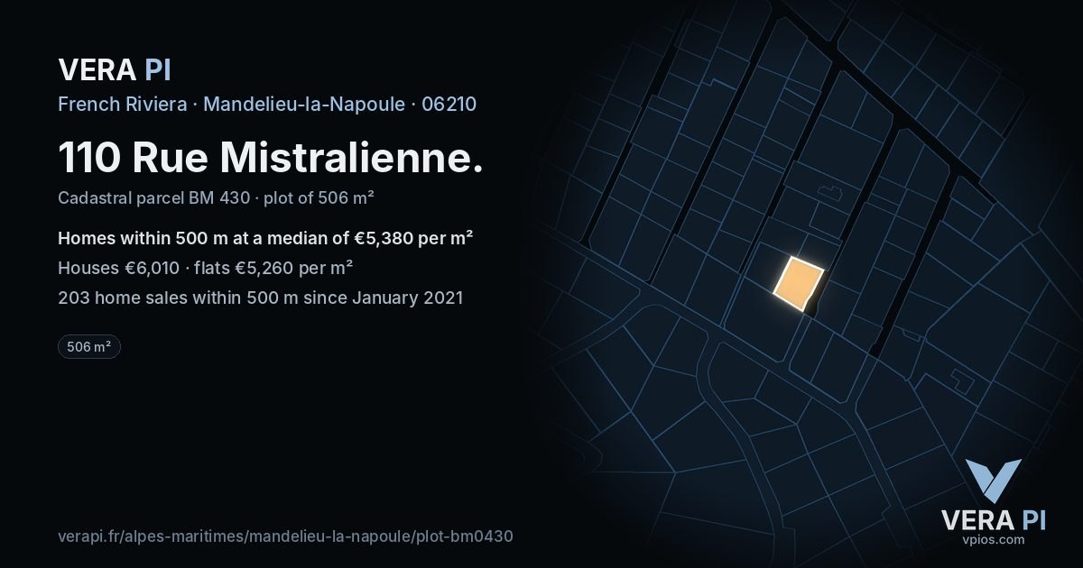 110 Rue Mistralienne, Mandelieu-la-Napoule at night – the plot lit, the parcels around coloured by the prices near them