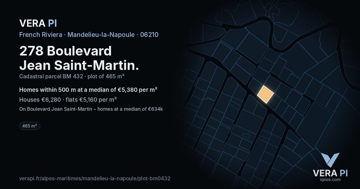 278 Boulevard Jean Saint-Martin, Mandelieu-la-Napoule at night – the plot lit, the parcels around coloured by the prices near them