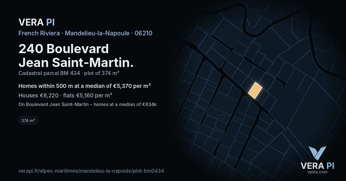 240 Boulevard Jean Saint-Martin, Mandelieu-la-Napoule at night – the plot lit, the parcels around coloured by the prices near them