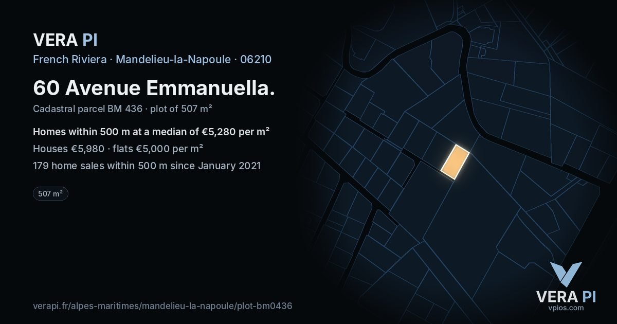 60 Avenue Emmanuella, Mandelieu-la-Napoule at night – the plot lit, the parcels around coloured by the prices near them