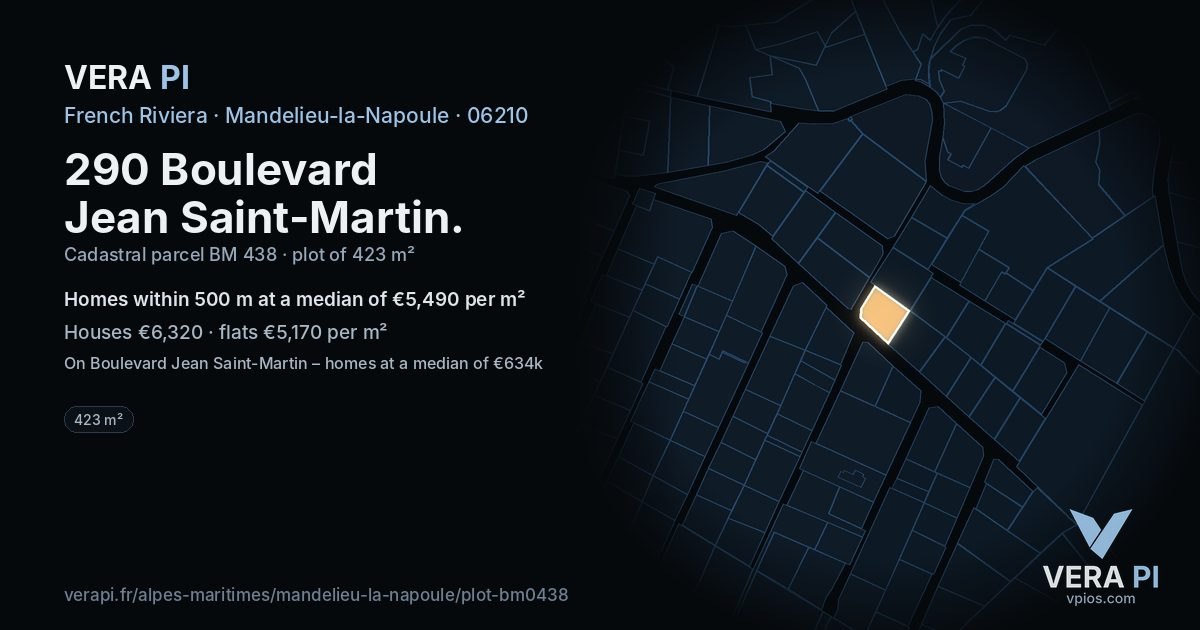 290 Boulevard Jean Saint-Martin, Mandelieu-la-Napoule at night – the plot lit, the parcels around coloured by the prices near them