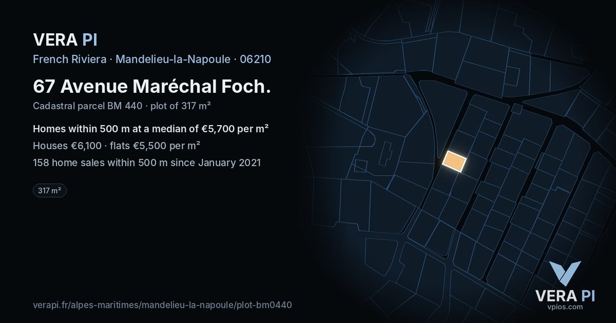 67 Avenue Maréchal Foch, Mandelieu-la-Napoule at night – the plot lit, the parcels around coloured by the prices near them