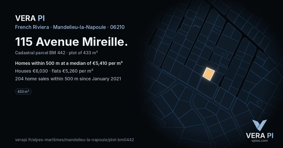 115 Avenue Mireille, Mandelieu-la-Napoule at night – the plot lit, the parcels around coloured by the prices near them